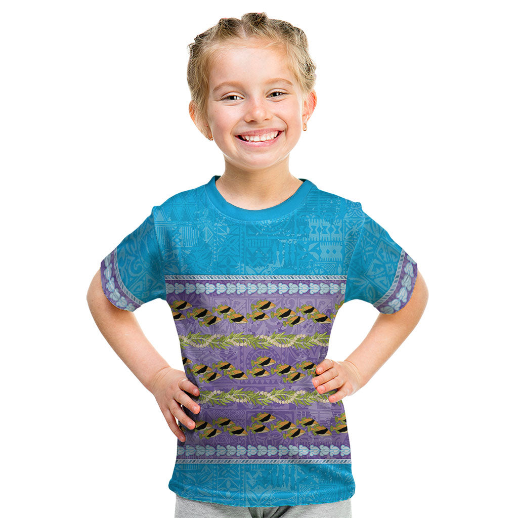 Hawaii Humuhumu Fish Maile Pikake Lei Kid T Shirt Tribal Tapa Blue Version