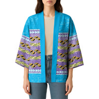 Hawaii Humuhumu Fish Maile Pikake Lei Kimono Tribal Tapa Blue Version