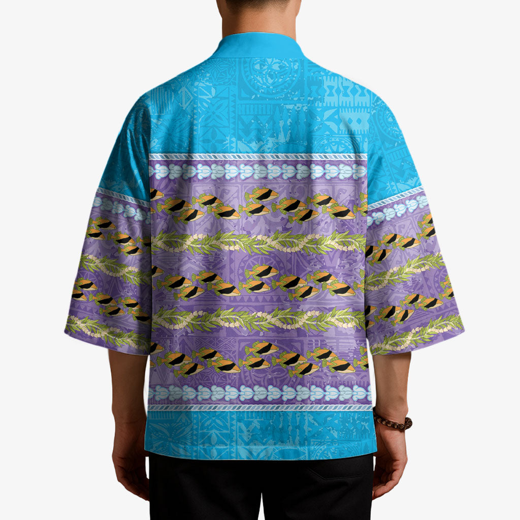 Hawaii Humuhumu Fish Maile Pikake Lei Kimono Tribal Tapa Blue Version