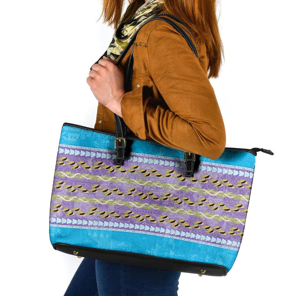 Hawaii Humuhumu Fish Maile Pikake Lei Leather Tote Bag Tribal Tapa Blue Version