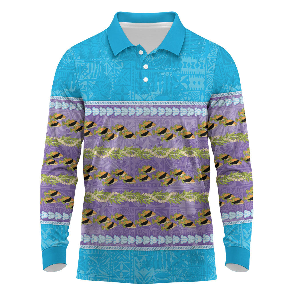 Hawaii Humuhumu Fish Maile Pikake Lei Long Sleeve Polo Shirt Tribal Tapa Blue Version