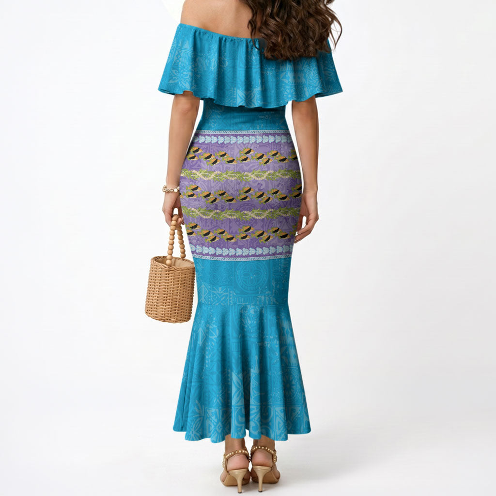 Hawaii Humuhumu Fish Maile Pikake Lei Mermaid Dress Tribal Tapa Blue Version