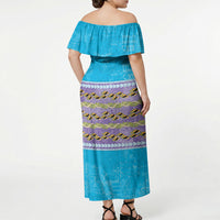 Hawaii Humuhumu Fish Maile Pikake Lei Off Shoulder Maxi Dress Tribal Tapa Blue Version