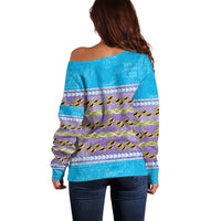 Hawaii Humuhumu Fish Maile Pikake Lei Off Shoulder Sweater Tribal Tapa Blue Version
