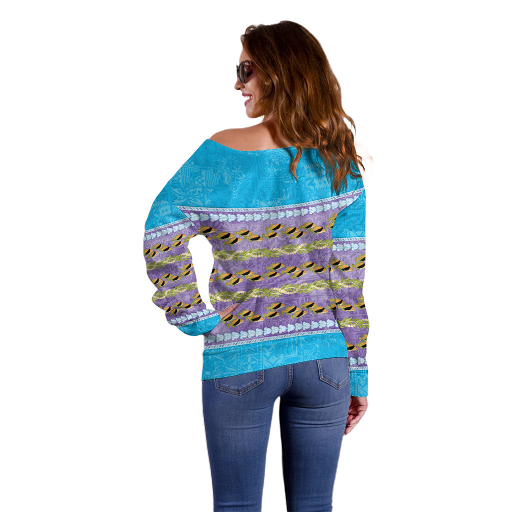 Hawaii Humuhumu Fish Maile Pikake Lei Off Shoulder Sweater Tribal Tapa Blue Version
