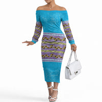 Hawaii Humuhumu Fish Maile Pikake Lei Off The Shoulder Long Sleeve Dress Tribal Tapa Blue Version