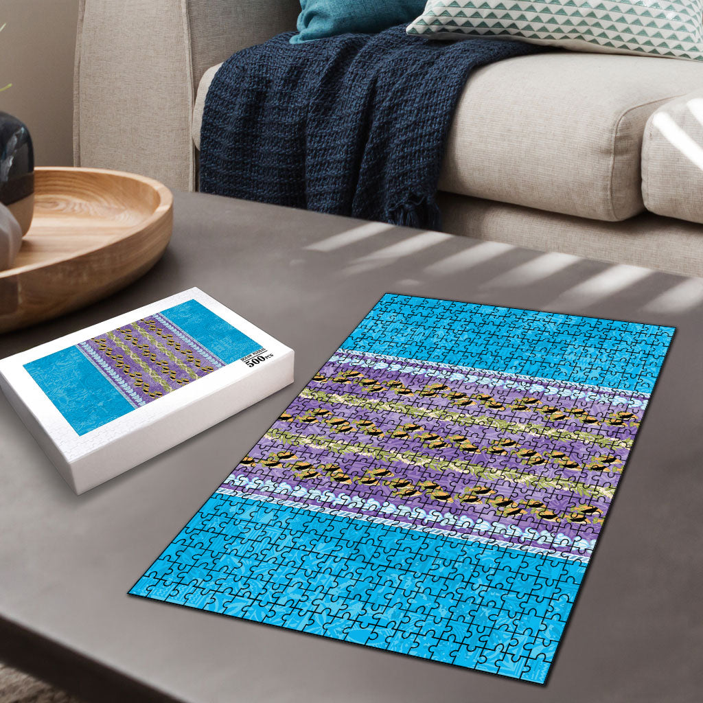 Hawaii Humuhumu Fish Maile Pikake Lei Puzzle Tribal Tapa Blue Version