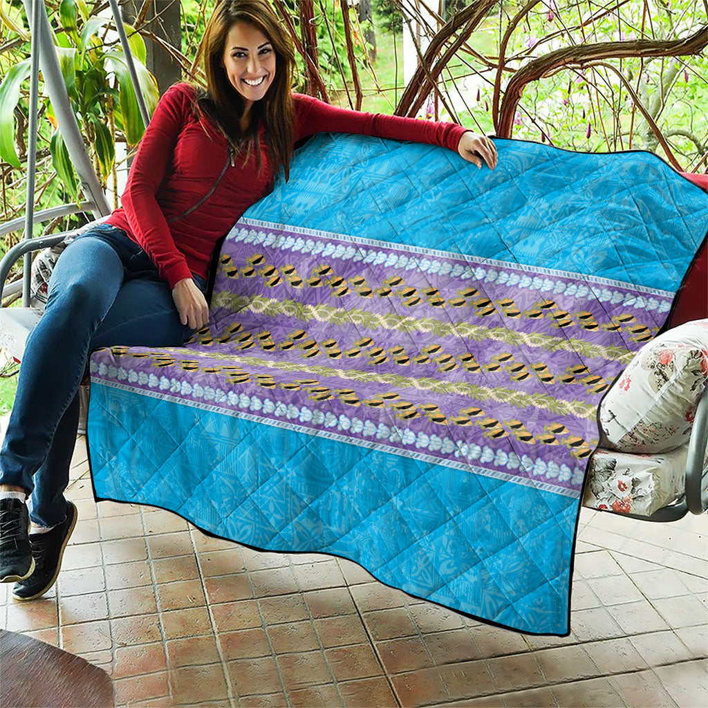 Hawaii Humuhumu Fish Maile Pikake Lei Quilt Tribal Tapa Blue Version