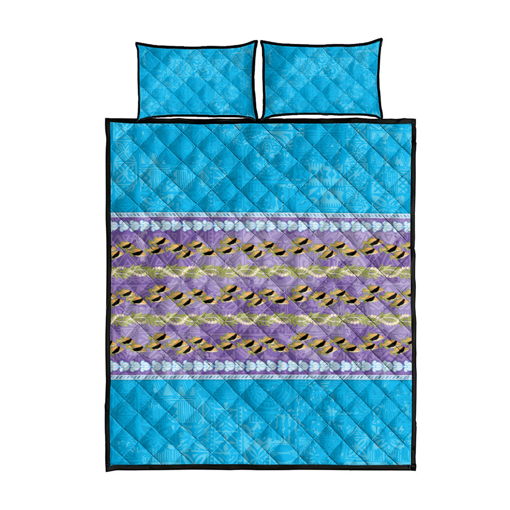 Hawaii Humuhumu Fish Maile Pikake Lei Quilt Bed Set Tribal Tapa Blue Version