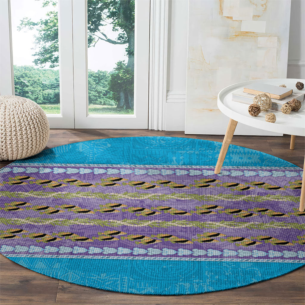 Hawaii Humuhumu Fish Maile Pikake Lei Round Carpet Tribal Tapa Blue Version