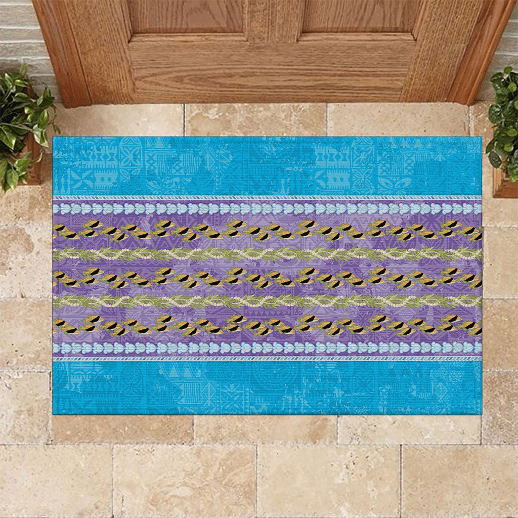 Hawaii Humuhumu Fish Maile Pikake Lei Rubber Doormat Tribal Tapa Blue Version