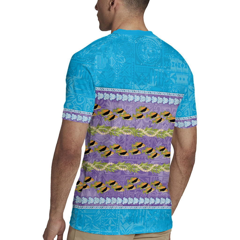 Hawaii Humuhumu Fish Maile Pikake Lei Rugby Jersey Tribal Tapa Blue Version