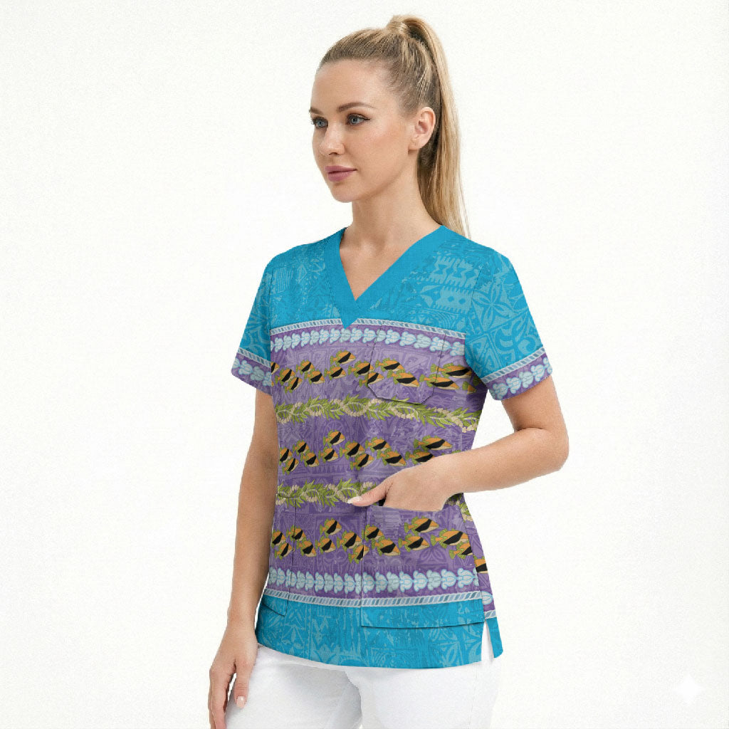 Hawaii Humuhumu Fish Maile Pikake Lei Scrub Top Tribal Tapa Blue Version