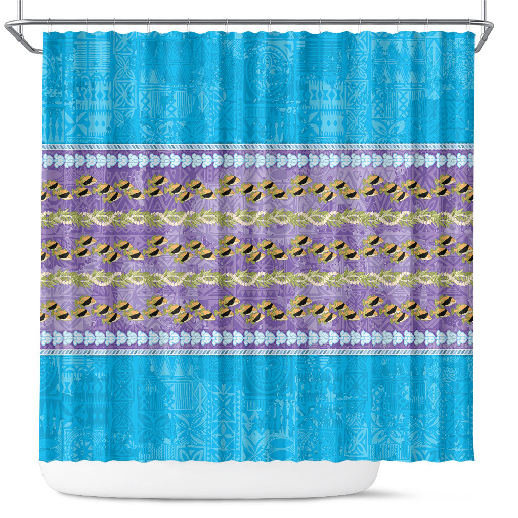 Hawaii Humuhumu Fish Maile Pikake Lei Shower Curtain Tribal Tapa Blue Version