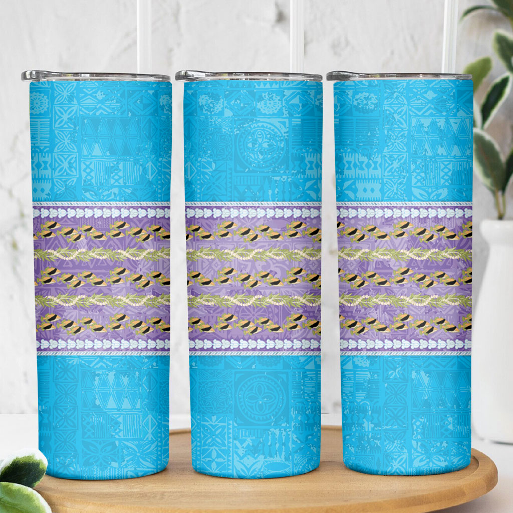 Hawaii Humuhumu Fish Maile Pikake Lei Skinny Tumbler Tribal Tapa Blue Version