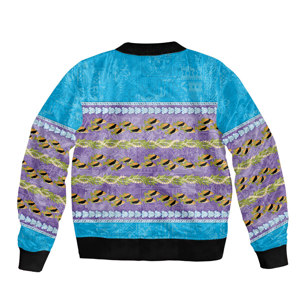 Hawaii Humuhumu Fish Maile Pikake Lei Sleeve Zip Bomber Jacket Tribal Tapa Blue Version