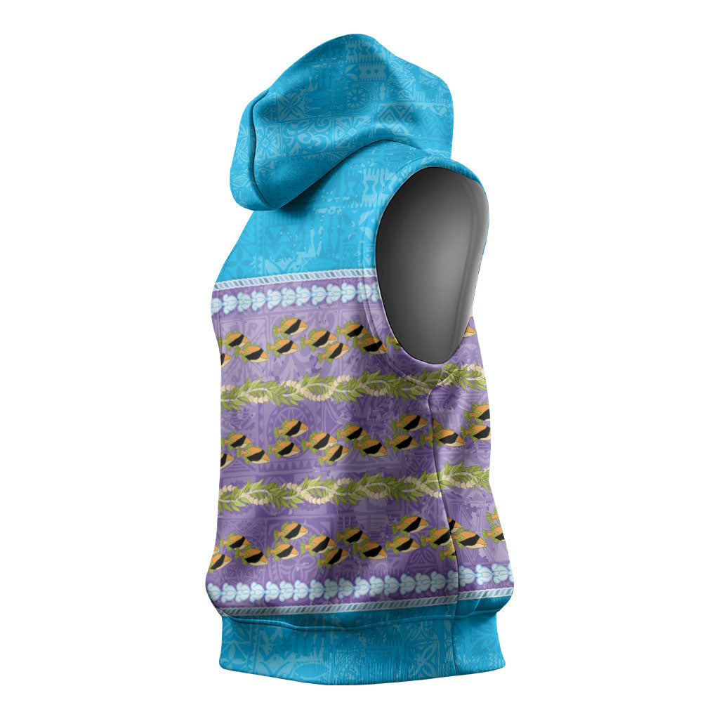 Hawaii Humuhumu Fish Maile Pikake Lei Sleeveless Hoodie Tribal Tapa Blue Version