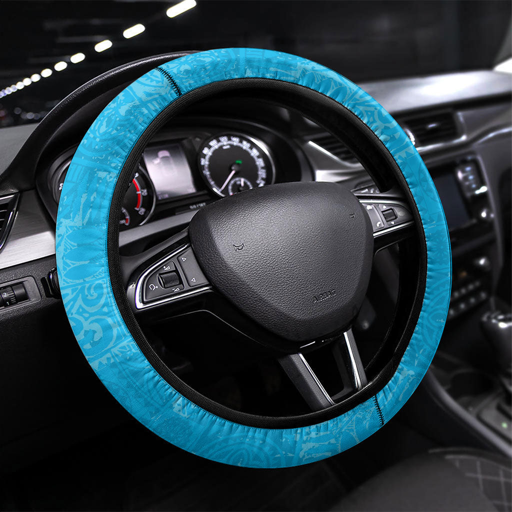 Hawaii Humuhumu Fish Maile Pikake Lei Steering Wheel Cover Tribal Tapa Blue Version