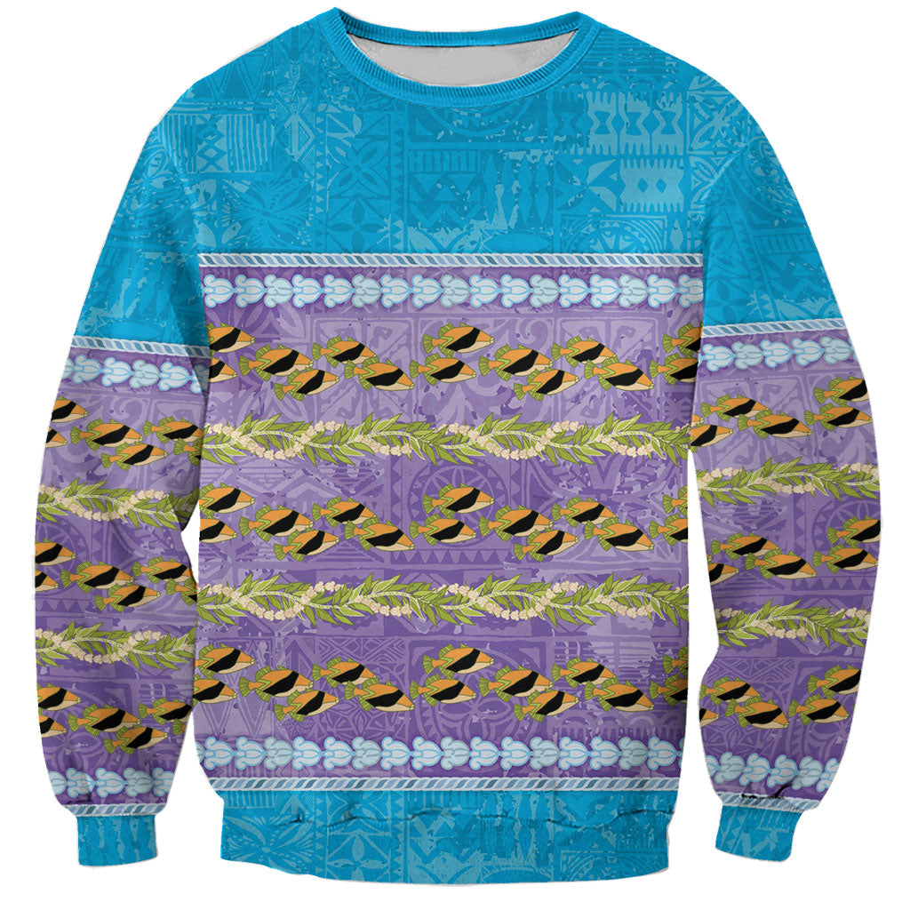 Hawaii Humuhumu Fish Maile Pikake Lei Sweatshirt Tribal Tapa Blue Version