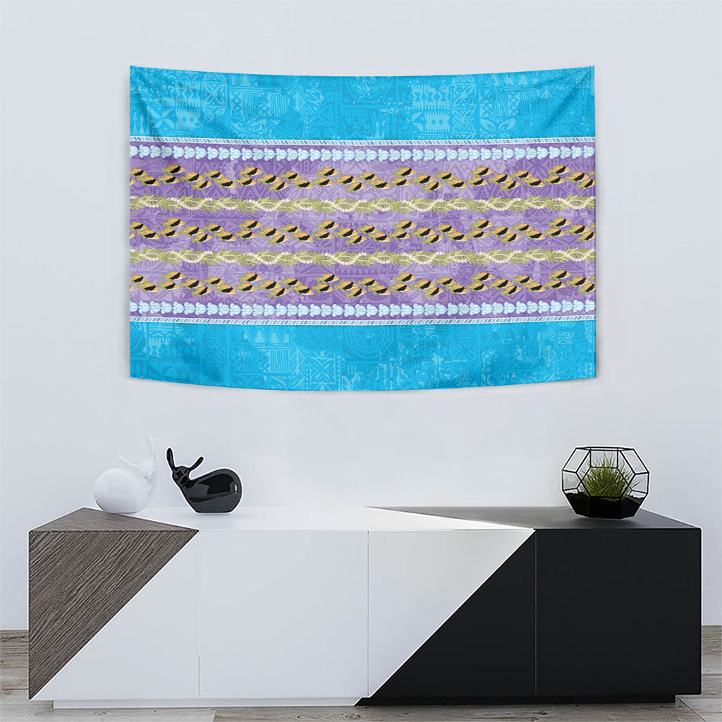 Hawaii Humuhumu Fish Maile Pikake Lei Tapestry Tribal Tapa Blue Version