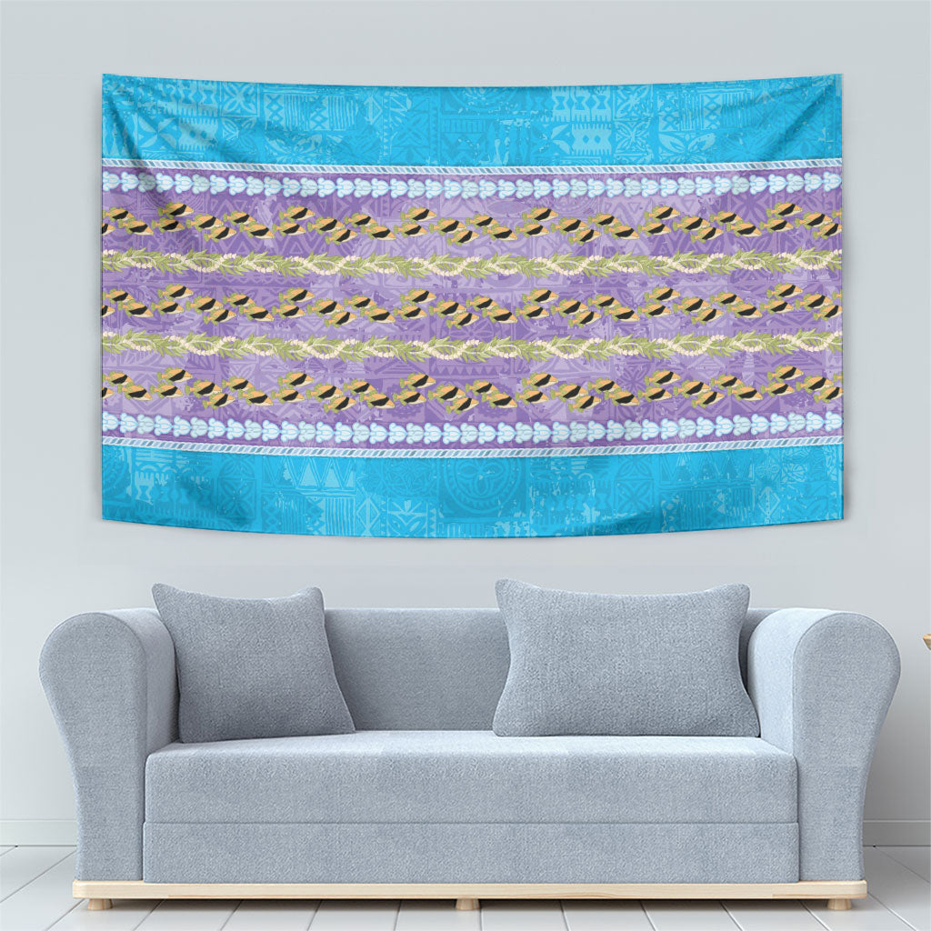 Hawaii Humuhumu Fish Maile Pikake Lei Tapestry Tribal Tapa Blue Version