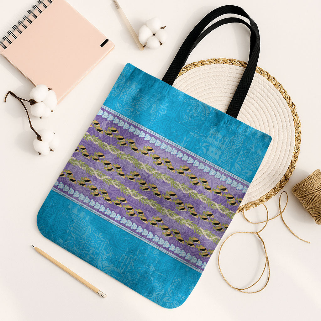 Hawaii Humuhumu Fish Maile Pikake Lei Tote Bag Tribal Tapa Blue Version