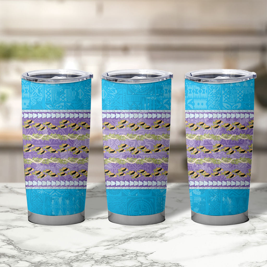 Hawaii Humuhumu Fish Maile Pikake Lei Tumbler Cup Tribal Tapa Blue Version
