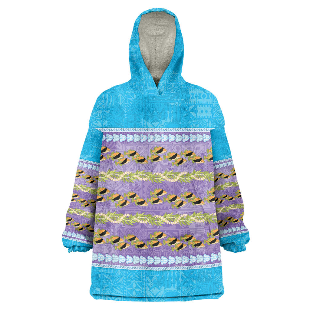 Hawaii Humuhumu Fish Maile Pikake Lei Wearable Blanket Hoodie Tribal Tapa Blue Version
