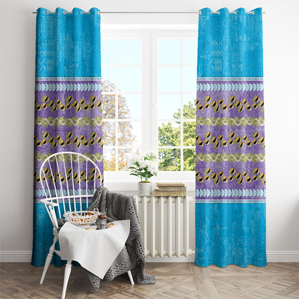 Hawaii Humuhumu Fish Maile Pikake Lei Window Curtain Tribal Tapa Blue Version