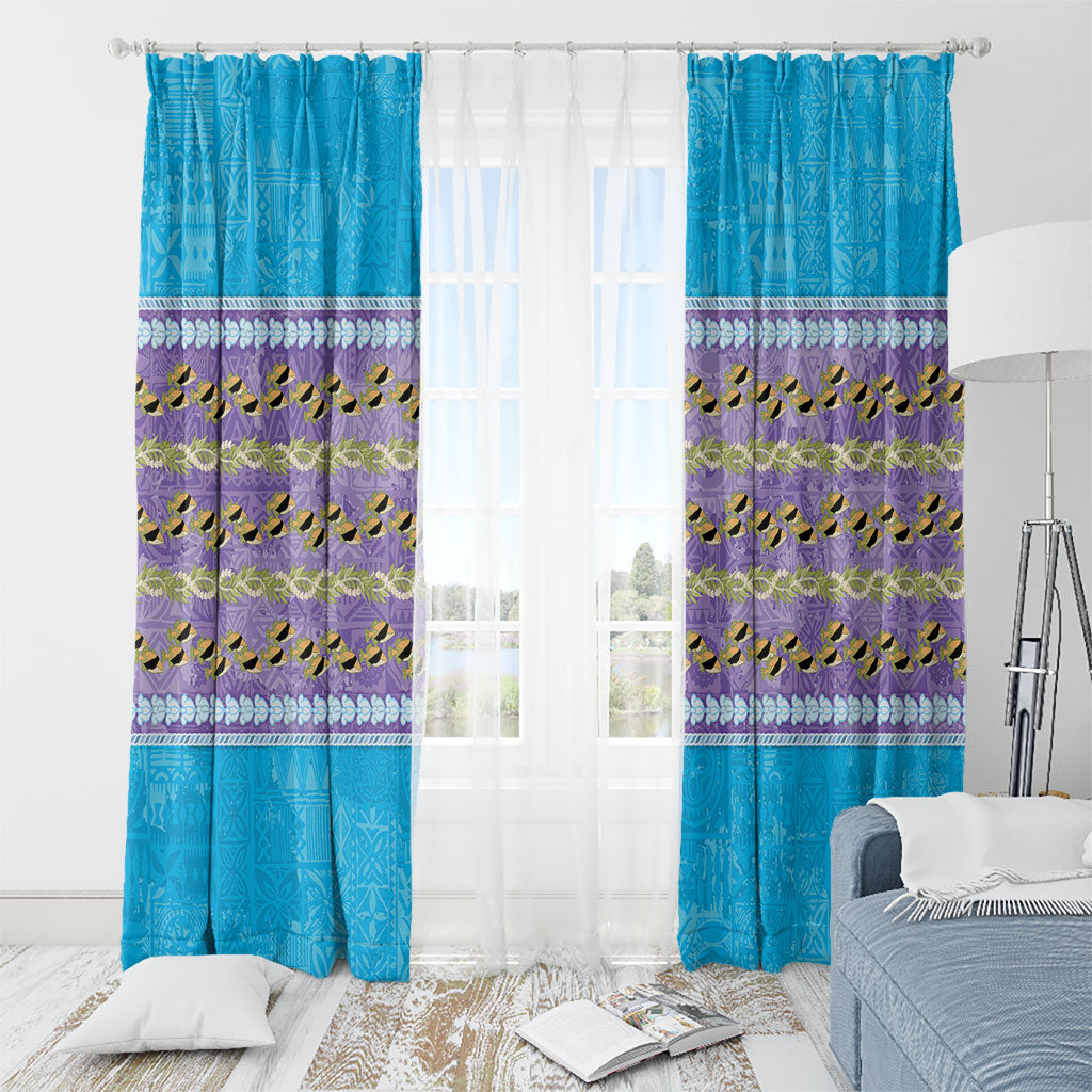 Hawaii Humuhumu Fish Maile Pikake Lei Window Curtain Tribal Tapa Blue Version