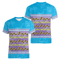 Hawaii Humuhumu Fish Maile Pikake Lei Women V-Neck T-Shirt Tribal Tapa Blue Version