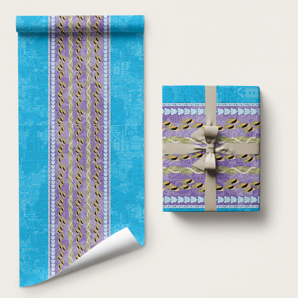 Hawaii Humuhumu Fish Maile Pikake Lei Wrapping Paper Tribal Tapa Blue Version