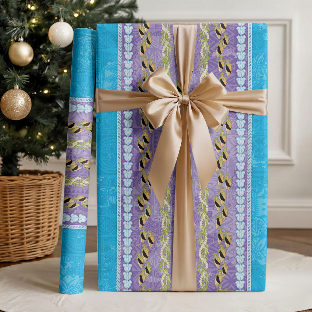 Hawaii Humuhumu Fish Maile Pikake Lei Wrapping Paper Tribal Tapa Blue Version
