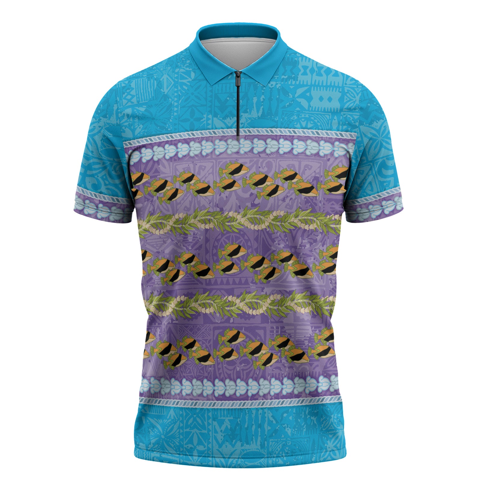 Hawaii Humuhumu Fish Maile Pikake Lei Zipper Polo Shirt Tribal Tapa Blue Version