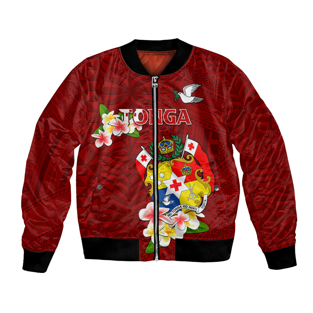 Personalized Tonga Bomber Jacket Coat Of Arms Plumeria With Ngatu Pattern LT05 Unisex Red - Polynesian Pride
