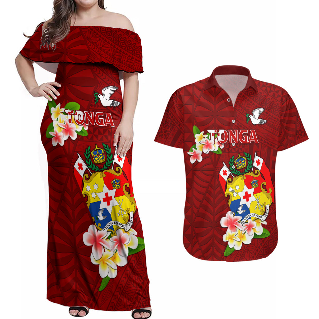 Personalized Tonga Couples Matching Off Shoulder Maxi Dress and Hawaiian Shirt Coat Of Arms Plumeria With Ngatu Pattern LT05 Red - Polynesian Pride