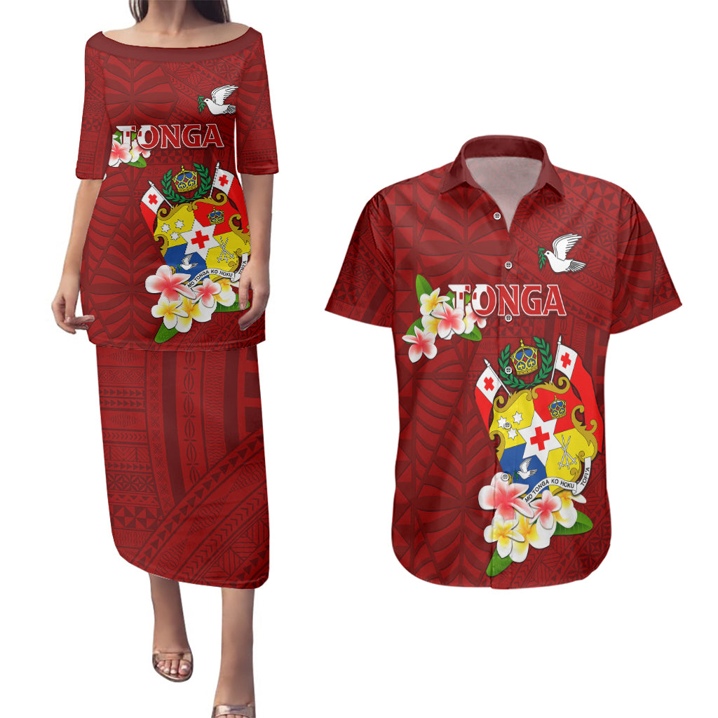 Personalized Tonga Couples Matching Puletasi Dress and Hawaiian Shirt Coat Of Arms Plumeria With Ngatu Pattern LT05 Red - Polynesian Pride