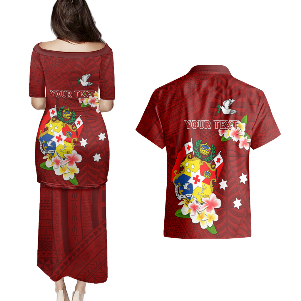 Personalized Tonga Couples Matching Puletasi Dress and Hawaiian Shirt Coat Of Arms Plumeria With Ngatu Pattern LT05 - Polynesian Pride