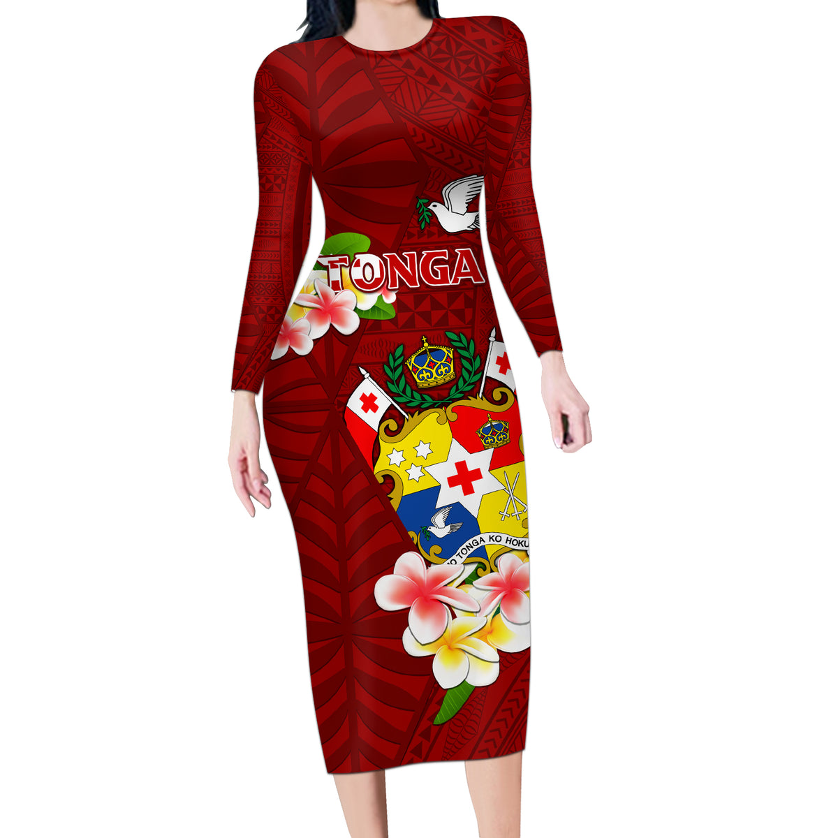 Personalized Tonga Long Sleeve Bodycon Dress Coat Of Arms Plumeria With Ngatu Pattern LT05 Long Dress Red - Polynesian Pride