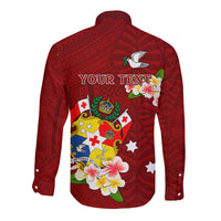 Personalized Tonga Long Sleeve Button Shirt Coat Of Arms Plumeria With Ngatu Pattern LT05 - Polynesian Pride