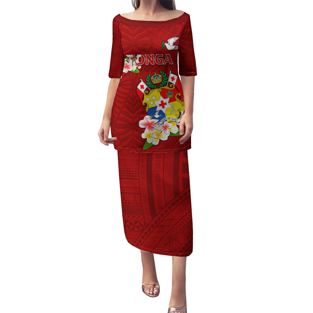 Personalized Tonga Puletasi Coat Of Arms Plumeria With Ngatu Pattern LT05 Long Dress Red - Polynesian Pride