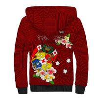 Personalized Tonga Sherpa Hoodie Coat Of Arms Plumeria With Ngatu Pattern LT05 - Polynesian Pride