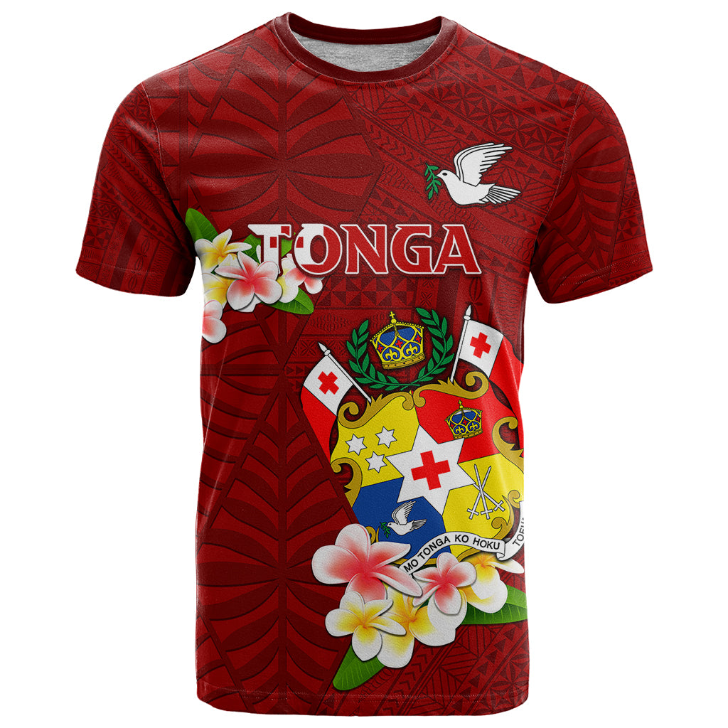 Personalized Tonga T Shirt Coat Of Arms Plumeria With Ngatu Pattern LT05 Red - Polynesian Pride