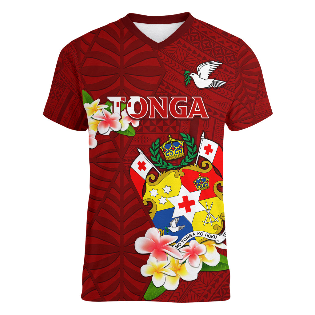 Personalized Tonga Women V Neck T Shirt Coat Of Arms Plumeria With Ngatu Pattern LT05 Female Red - Polynesian Pride