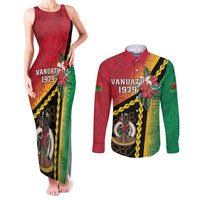 Happy Vanuatu Constitution Day Couples Matching Tank Maxi Dress and Long Sleeve Button Shirt Flag Style With Sand Drawing Pattern LT05 Red - Polynesian Pride