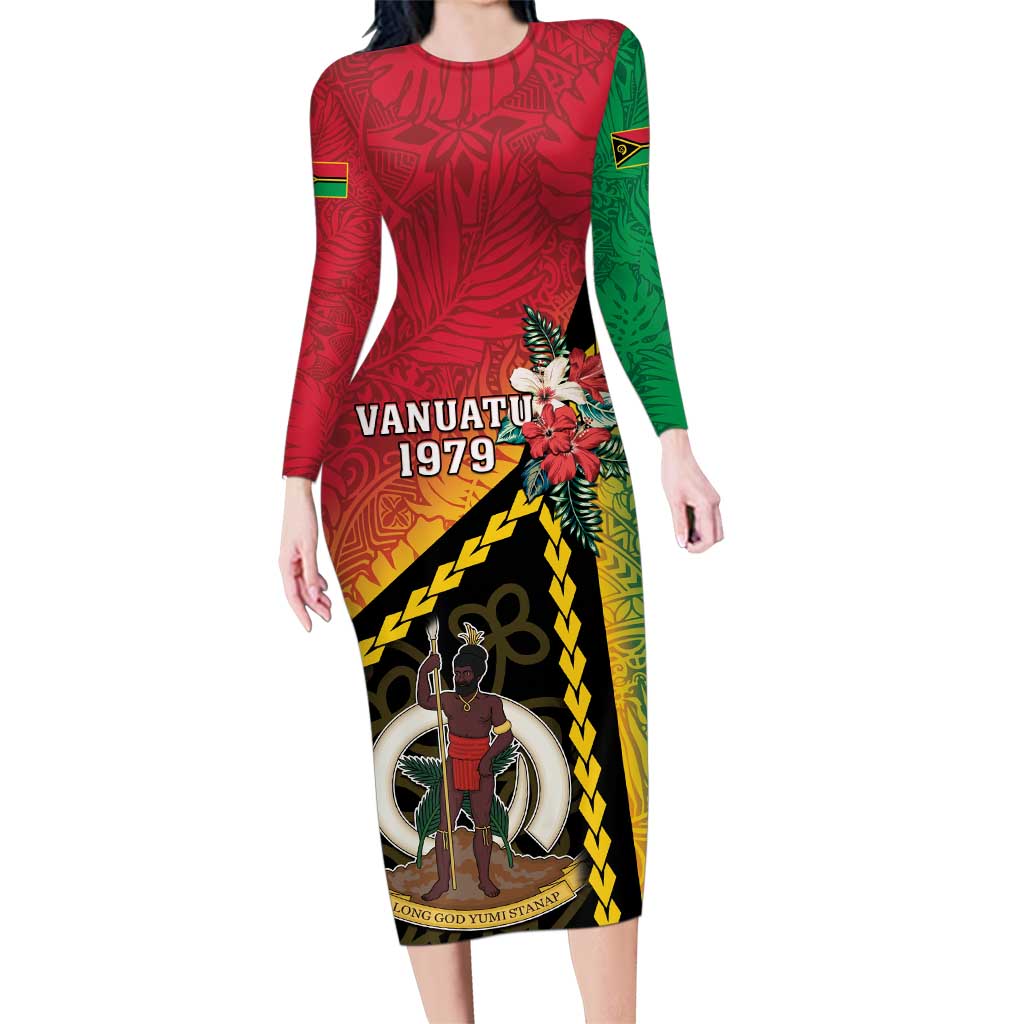 Happy Vanuatu Constitution Day Family Matching Long Sleeve Bodycon Dress and Hawaiian Shirt Flag Style With Sand Drawing Pattern