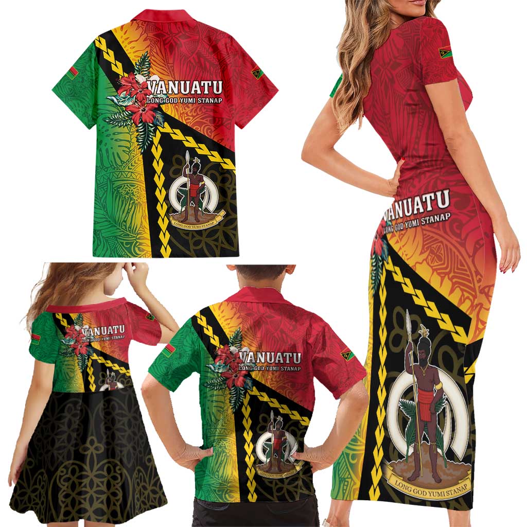 Happy Vanuatu Constitution Day Family Matching Short Sleeve Bodycon Dress and Hawaiian Shirt Flag Style With Sand Drawing Pattern LT05 - Polynesian Pride