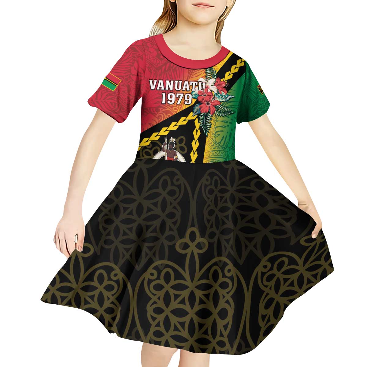 Happy Vanuatu Constitution Day Kid Short Sleeve Dress Flag Style With Sand Drawing Pattern LT05 - Polynesian Pride