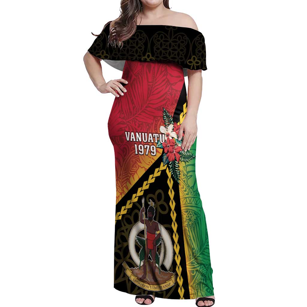 Happy Vanuatu Constitution Day Off Shoulder Maxi Dress Flag Style With Sand Drawing Pattern LT05 Women Red - Polynesian Pride