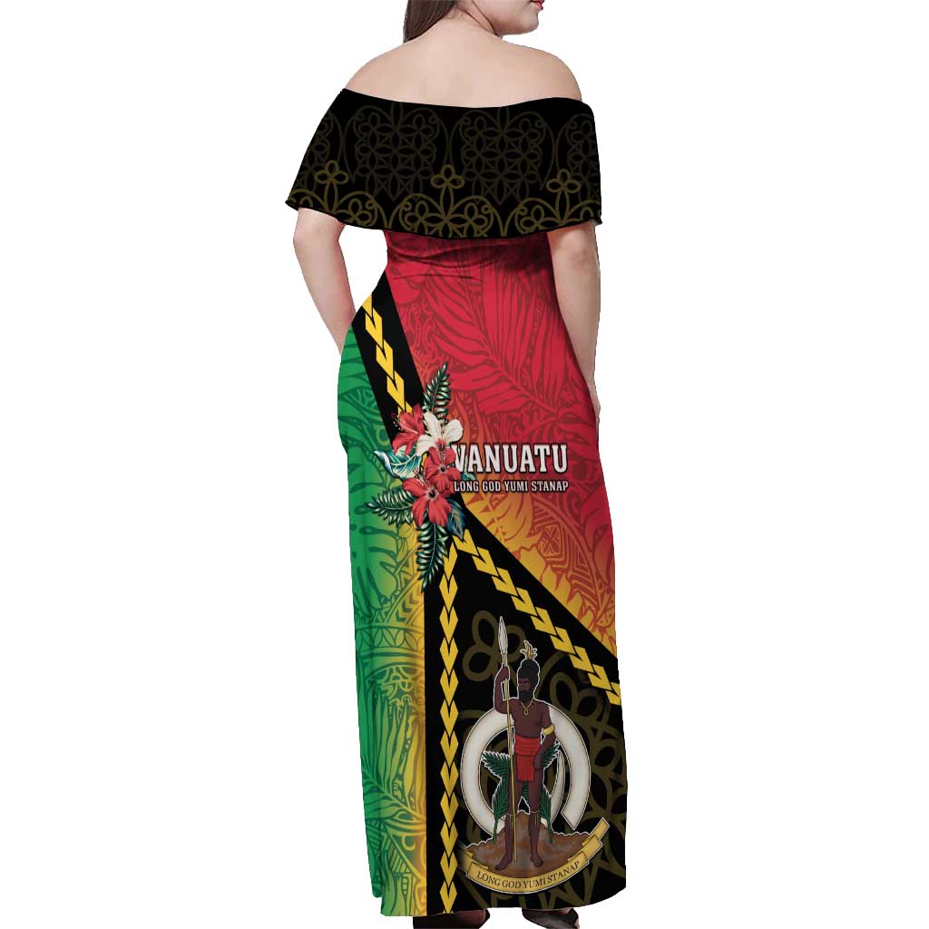 Happy Vanuatu Constitution Day Off Shoulder Maxi Dress Flag Style With Sand Drawing Pattern LT05 - Polynesian Pride